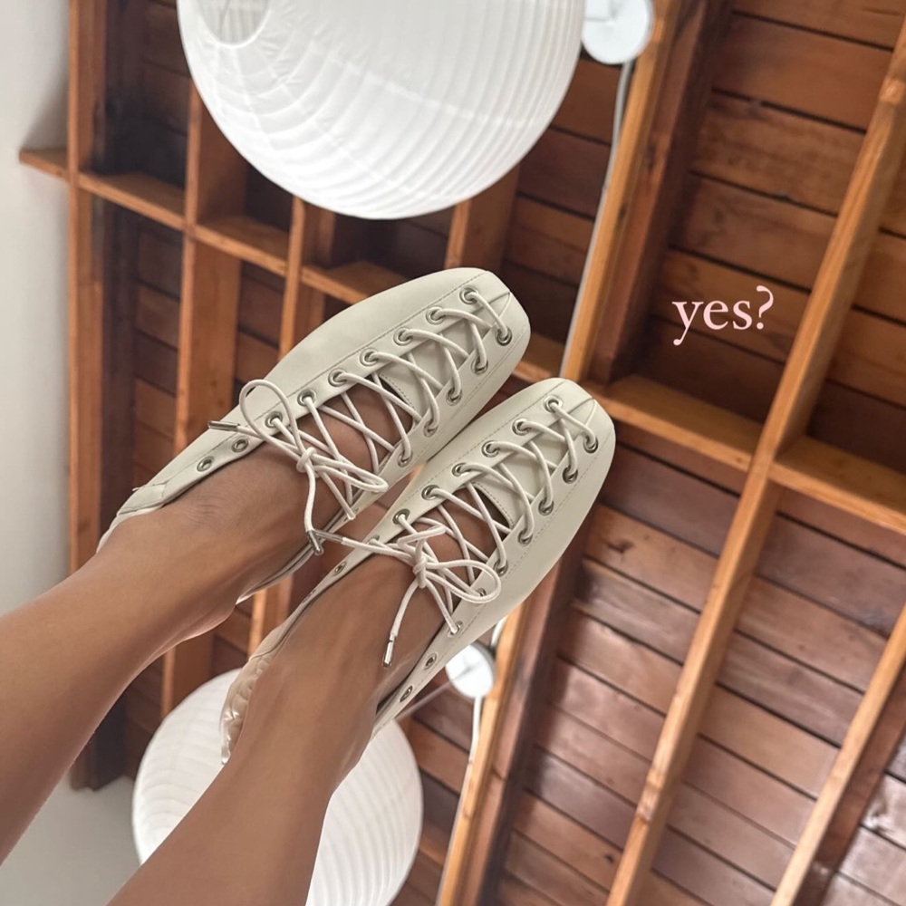 Ganni Cream Lace-Up Ballerina Flats